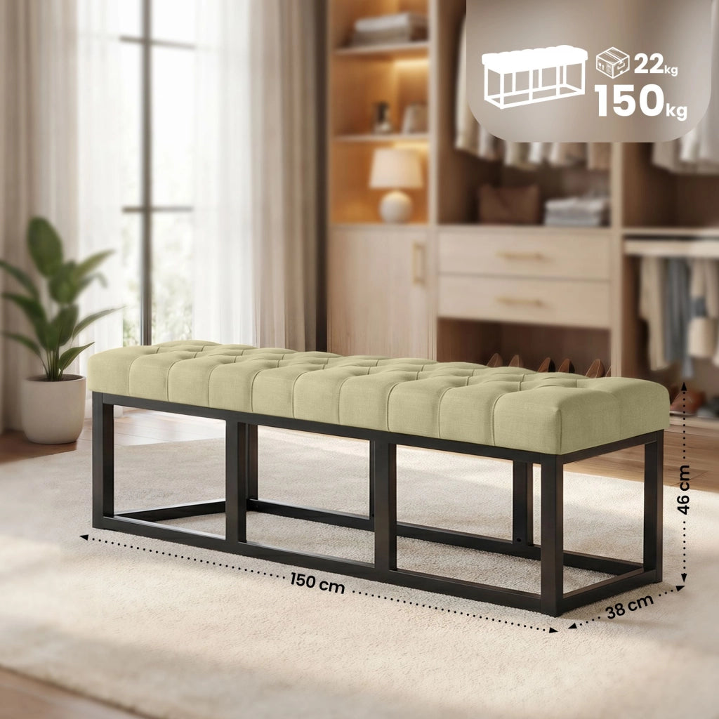 Panca design AMUN in metallo nero opaco e tessuto Tortora,150 cm