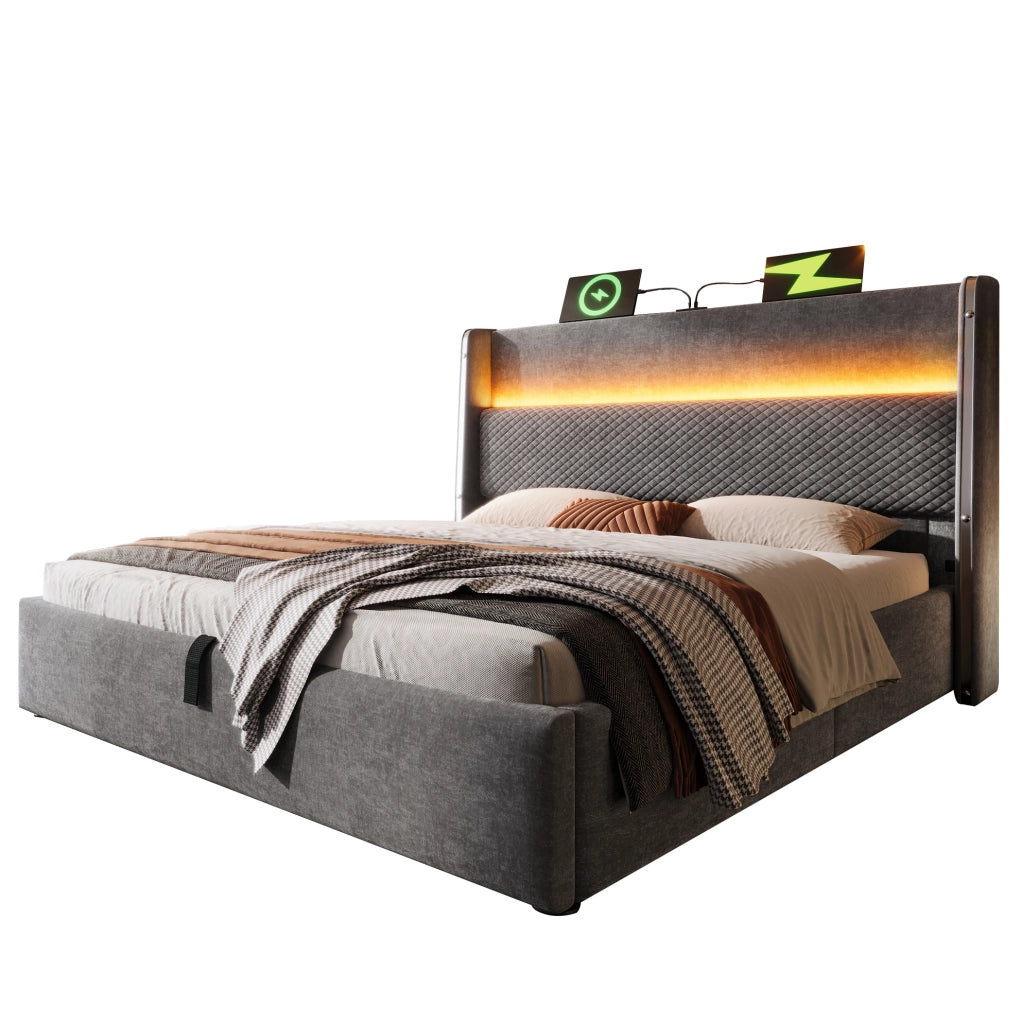 Letto matrimoniale con contenitore 180x200 cm in lino grigio con testiera alta; LED e USB/Type-C