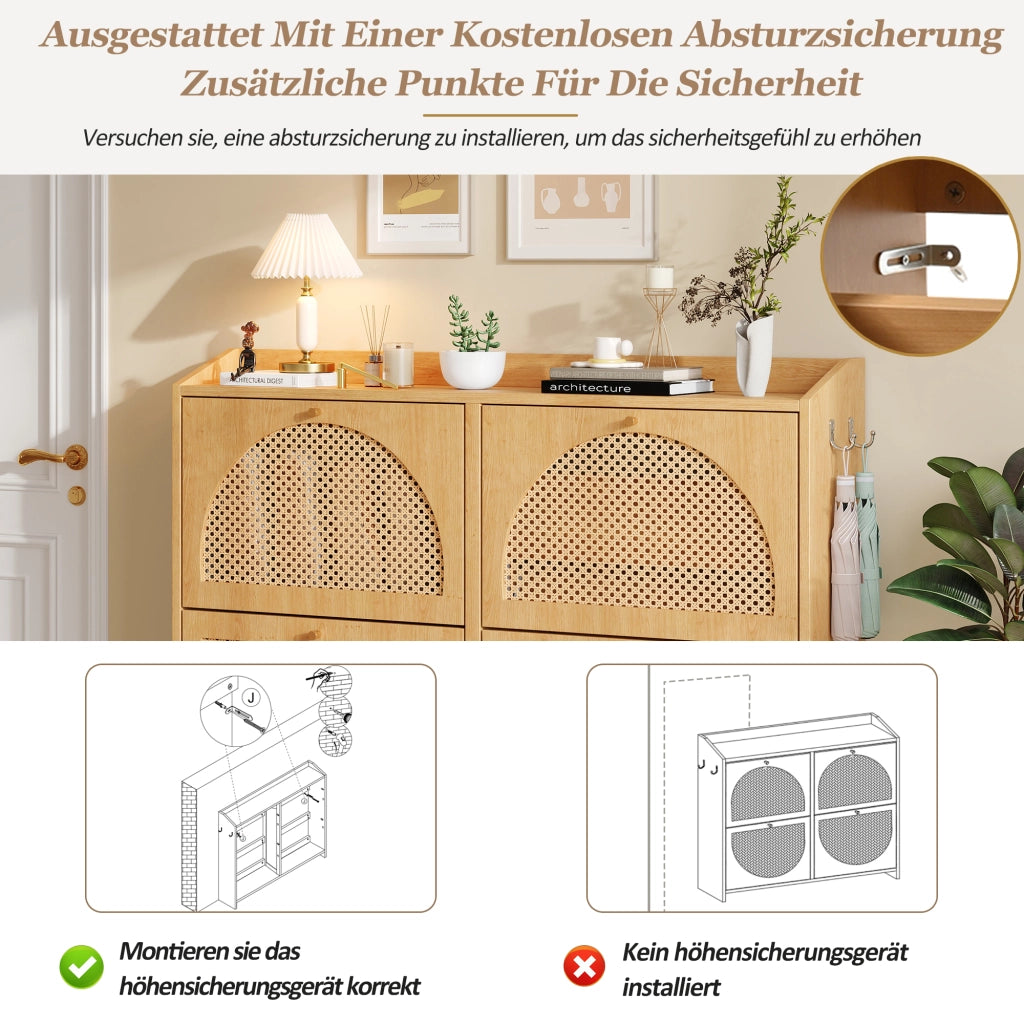 Scarpiera con 4 ante ribaltabili 8 vani e 2 ganci per ingresso in MDF finitura naturale moderna 120 × 24 × 90 cm