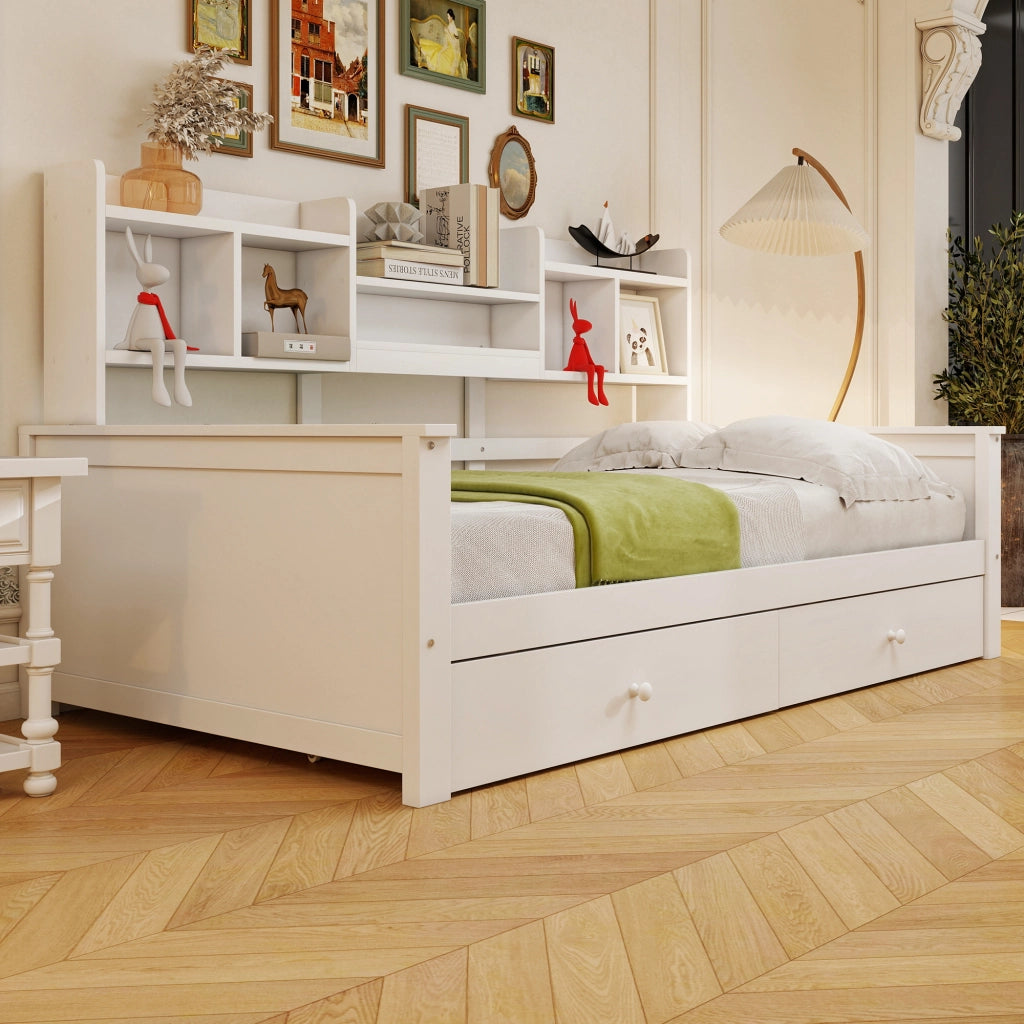 Letto singolo 90×200 cm con 2 cassetti; ripiani laterali e rete; senza materasso; legno; bianco