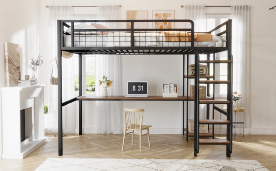 Letto a castello metallico nero con scala di sicurezza tavolo e scaffali 140x200 cm