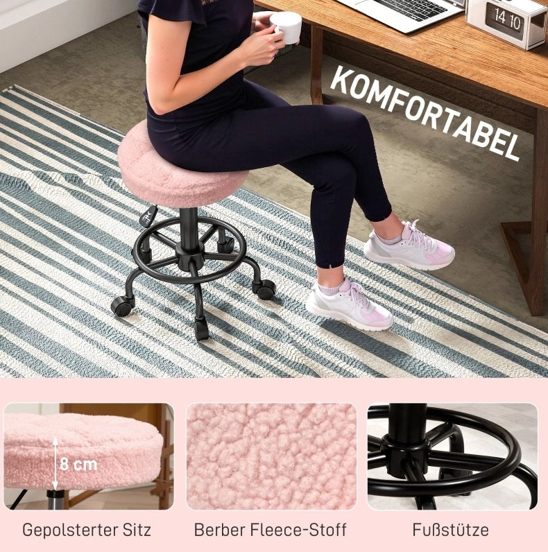 Sgabello da lavoro girevole rosa, altezza regolabile 50-66 cm