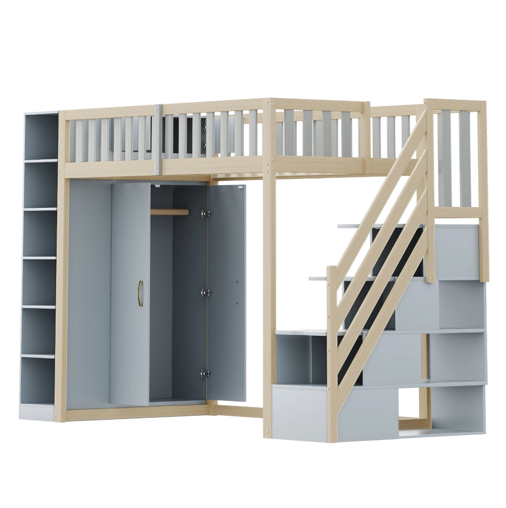 Letto a soppalco 90x200 cm in legno con armadio; scaffali e scala con vani; grigio e legno naturale