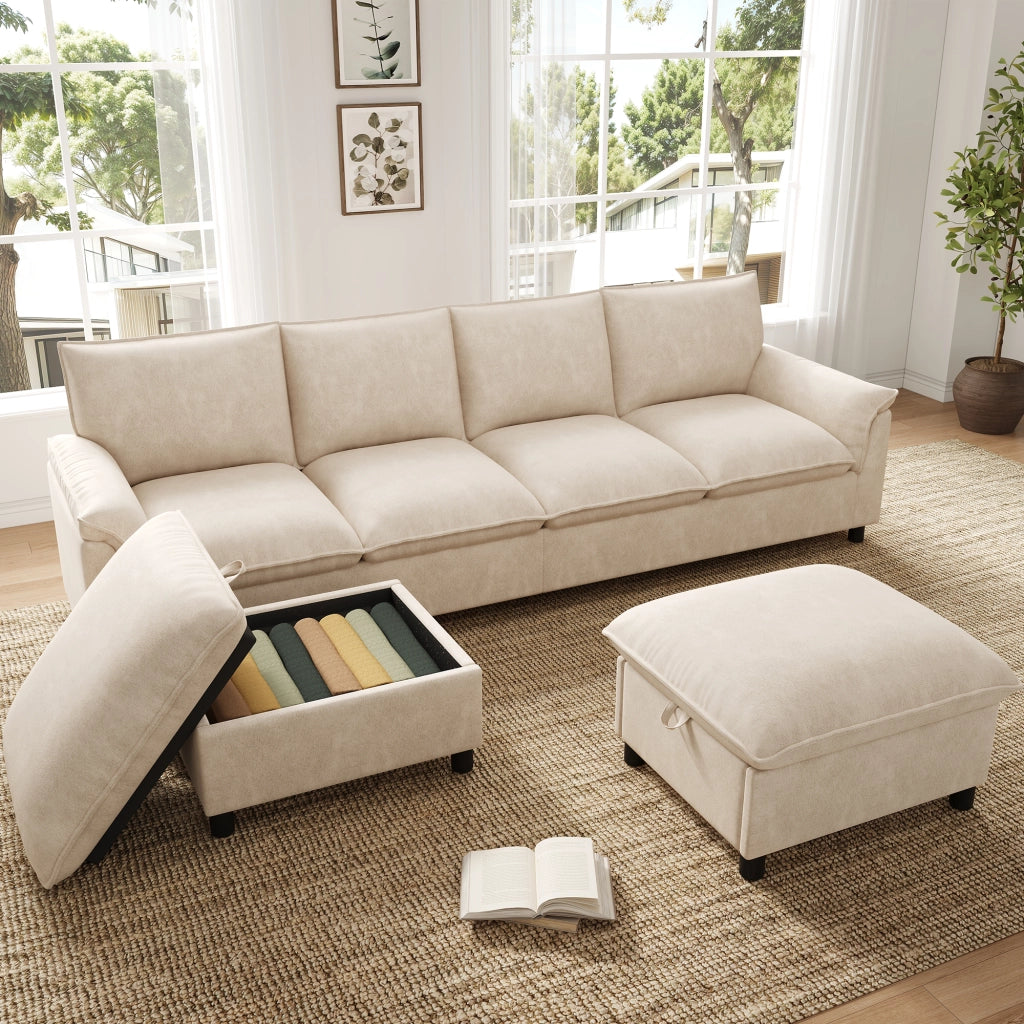 Divano modulare a U con 2 pouf contenitore e seduta profonda in ciniglia beige schienale alto 264,5 × 142,5 × 84 cm