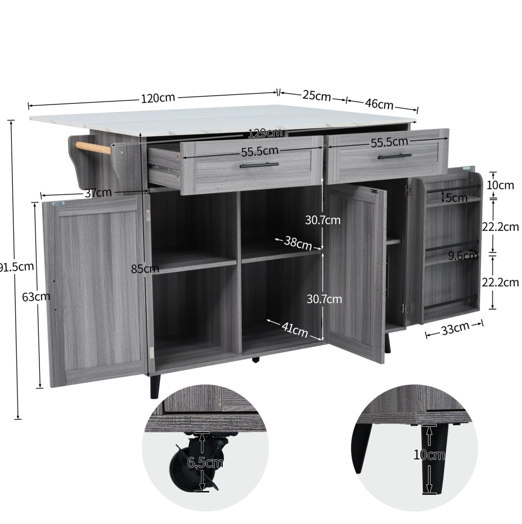 Carrello da cucina estensibile con ruote e vani, grigio/bianco