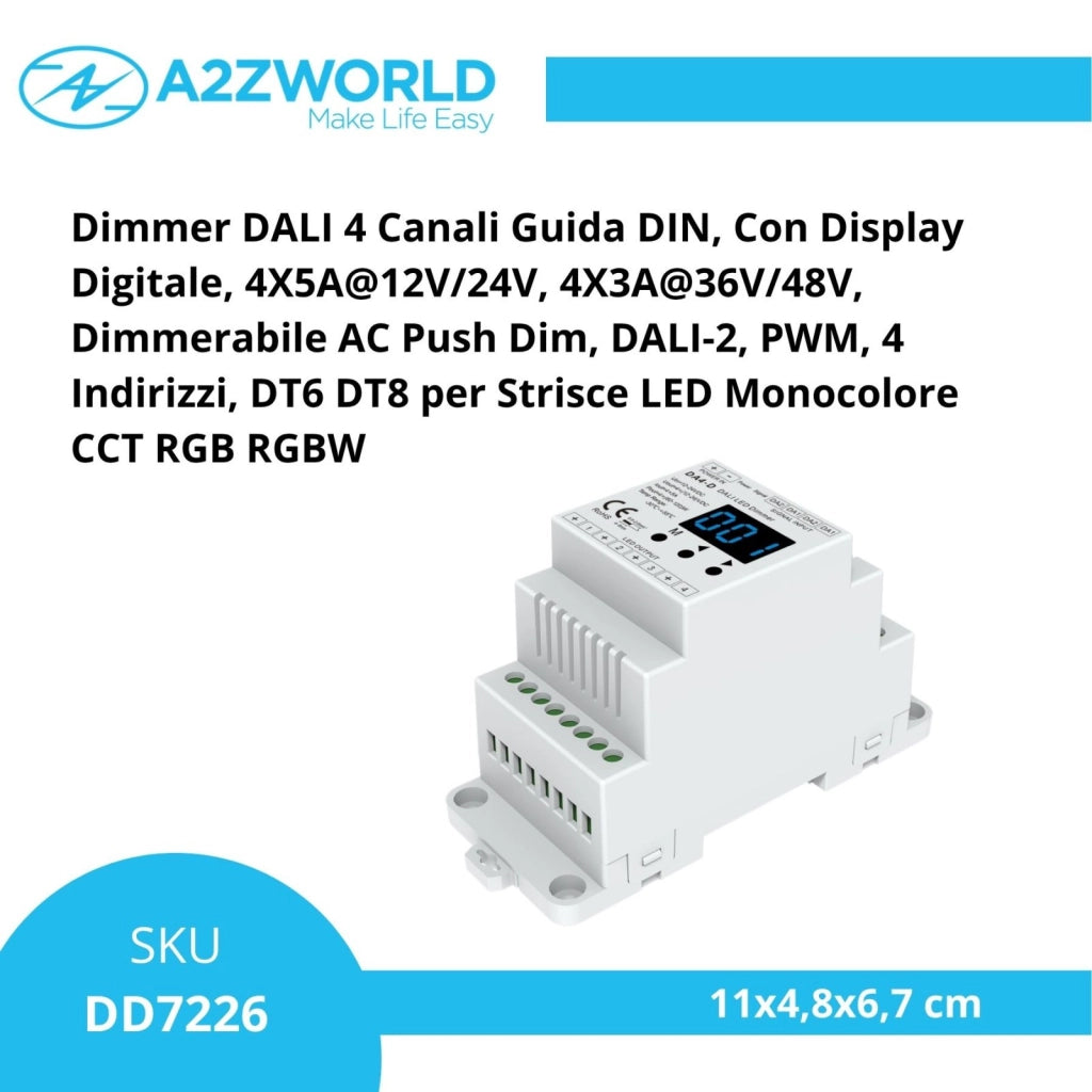 Dimmer DALI 4 Canali Guida DIN, Con Display Digitale, 4X5A@12V/24V, 4X3A@36V/48V, Dimmerabile AC Push Dim, DALI-2, PWM, 4 Indirizzi, DT6 DT8 per Strisce LED Monocolore CCT RGB RGBW