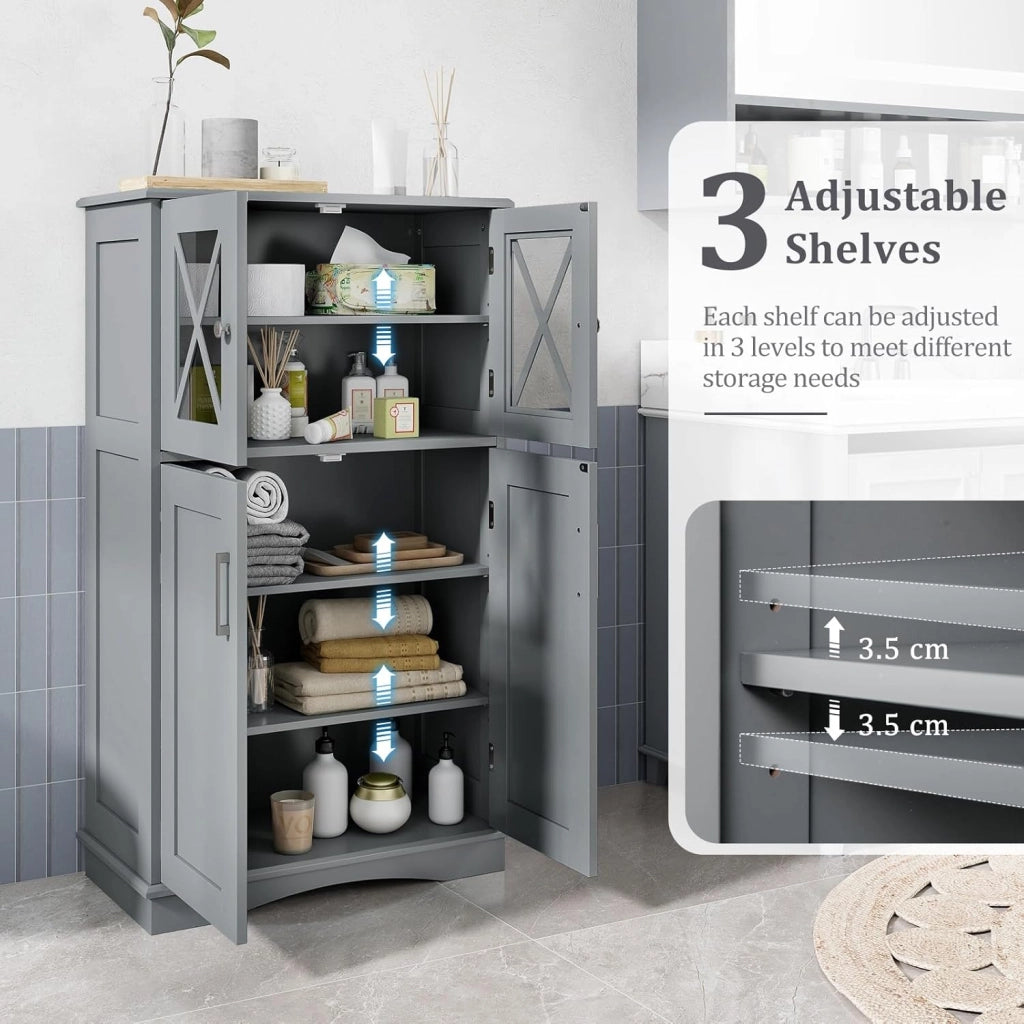 Armadietto da bagno in MDF, armadio indipendente con 4 ante e 3 ripiani regolabili, mobile bagno a pavimento per cucina, ufficio, 60 x 30 x 108 cm (grigio)