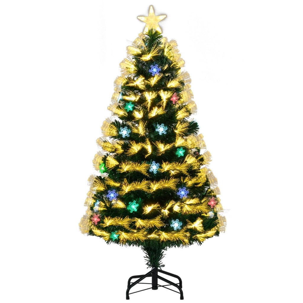 Albero di natale artificiale preilluminato con 8 modalit¨¤ di illuminazione, Albero di natale in fibra ottica con base in metallo pieghevole da 120 cm