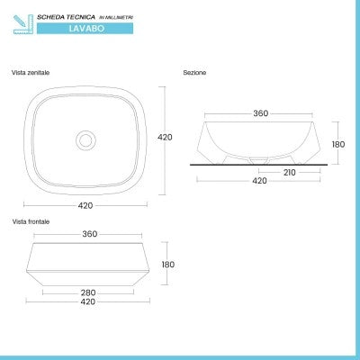 Lavabo da appoggio in ceramica bianco lucido quadrato 42 cm  Aris