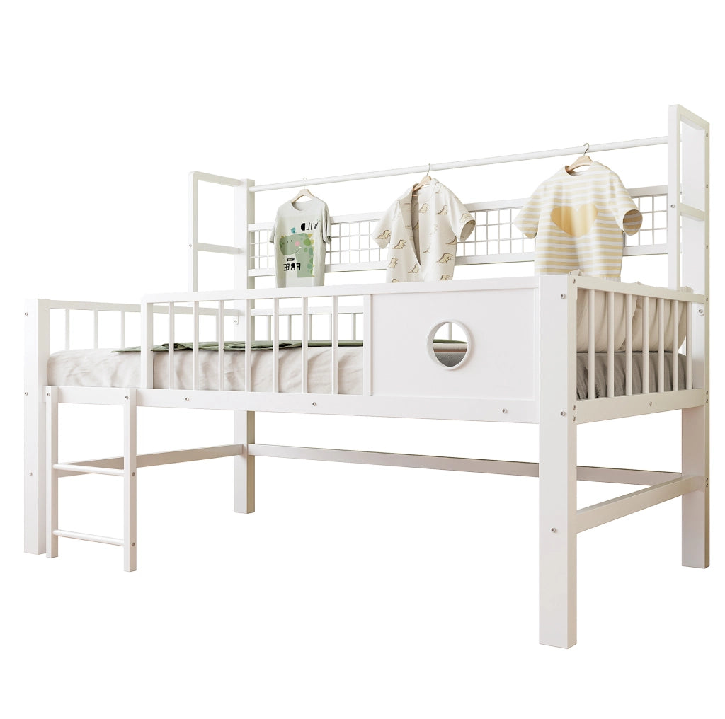 Letto a soppalco basso 90x200 cm bianco MDF e metallo con vano portaoggetti