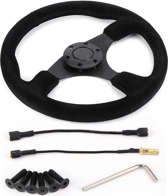 Sterzo da corsa 14 pollici con manopola in pelle nera, stelo in nero con interruttore di clacson.