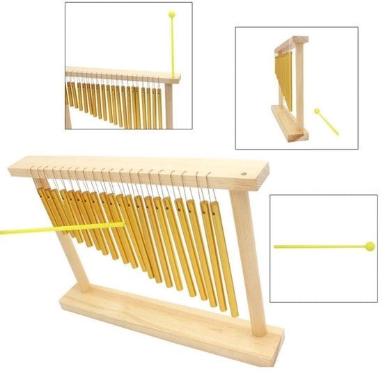 Strumento Percussivo - 20 Barre a Campane - Sostegno in Legno - Bastone - Decorazioni in Oro - Dim. ca. 38,8 x 27 x 5,8 cm - Gioco di Campane