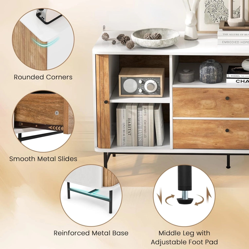 Credenza Basso con Gambe in Metallo, Credenza da Cucina Moderna con Ante Scorrevoli e 2 Cassetti, Buffet da Soggiorno con Protezione Antiribaltamento, 150 x 45 x 74 cm