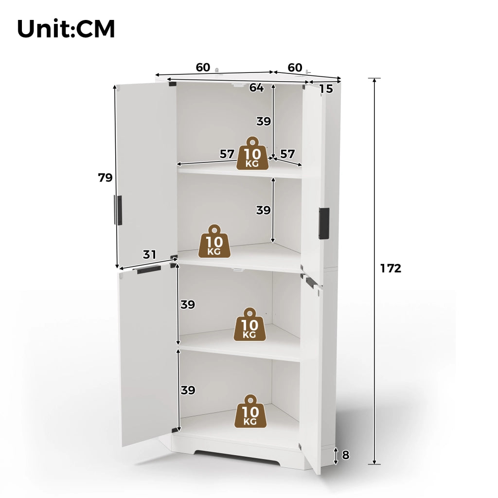 Armadio angolare con ripiani regolabili e ante scanalate; 60 x 60 x 172 cm; MDF bianco