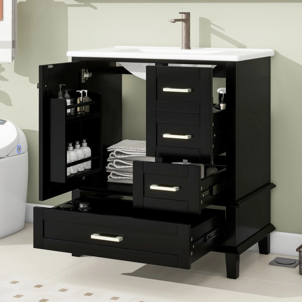 Mobile bagno 76 cm con lavabo in ceramica; 3 cassetti e ripiano; nero HOMVRA