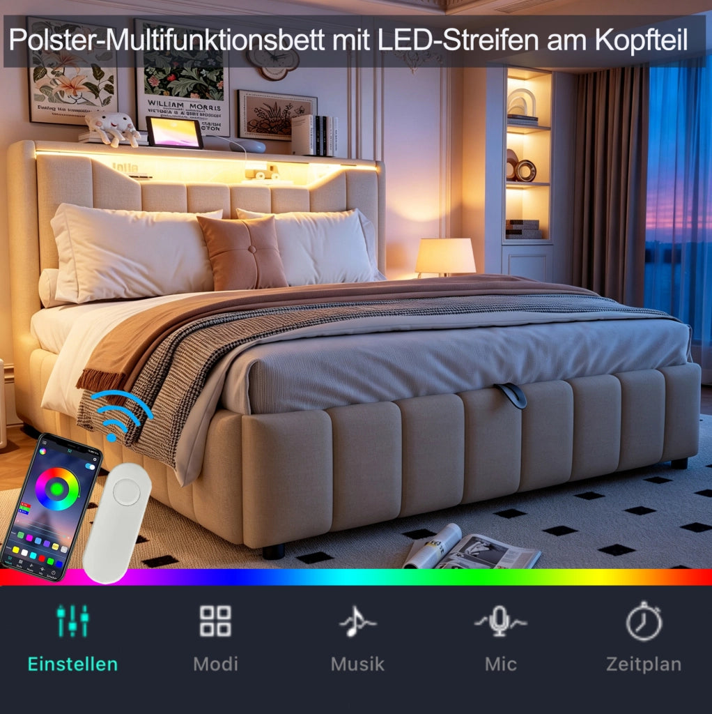Letto imbottito contenitore 140 x 200 cm beige con LED, porte USB e USB-C