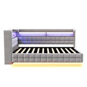 Letto singolo imbottito 90×200 cm con contenitore idraulico; LED; USB; Type-C e ripiani; senza materasso