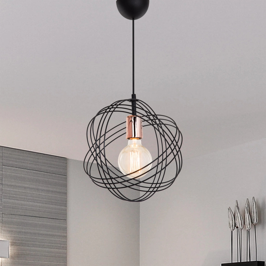 Lampada a Sospensione 'Hove' con Paralume a Globo di Cerchi in Metallo - Nero/Rame [lux.pro]