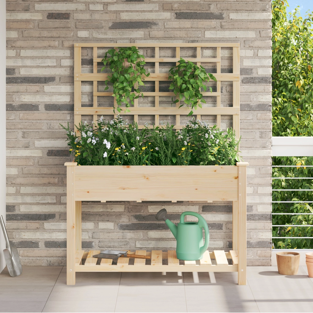 Fioriera da giardino con traliccio e ripiano 115x59x152 cm in legno massello di abete