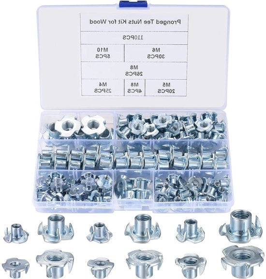 Inschroefmoeren 110 stuks M4 M5 M6 M8 M10, Vierpunts Inslagmoeren - Gegalvaniseerd Koolstofstaal - Set per Meubels, Houtbewerking, Materiali per Fai da Te