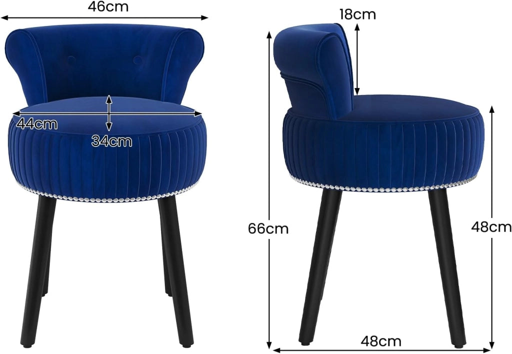Sedia per toeletta, sgabello da trucco con schienale, sedia imbottita in velluto con gambe in legno di gomma, moderna poltrona senza braccioli, per camera da letto, spogliatoio, soggiorno (blu