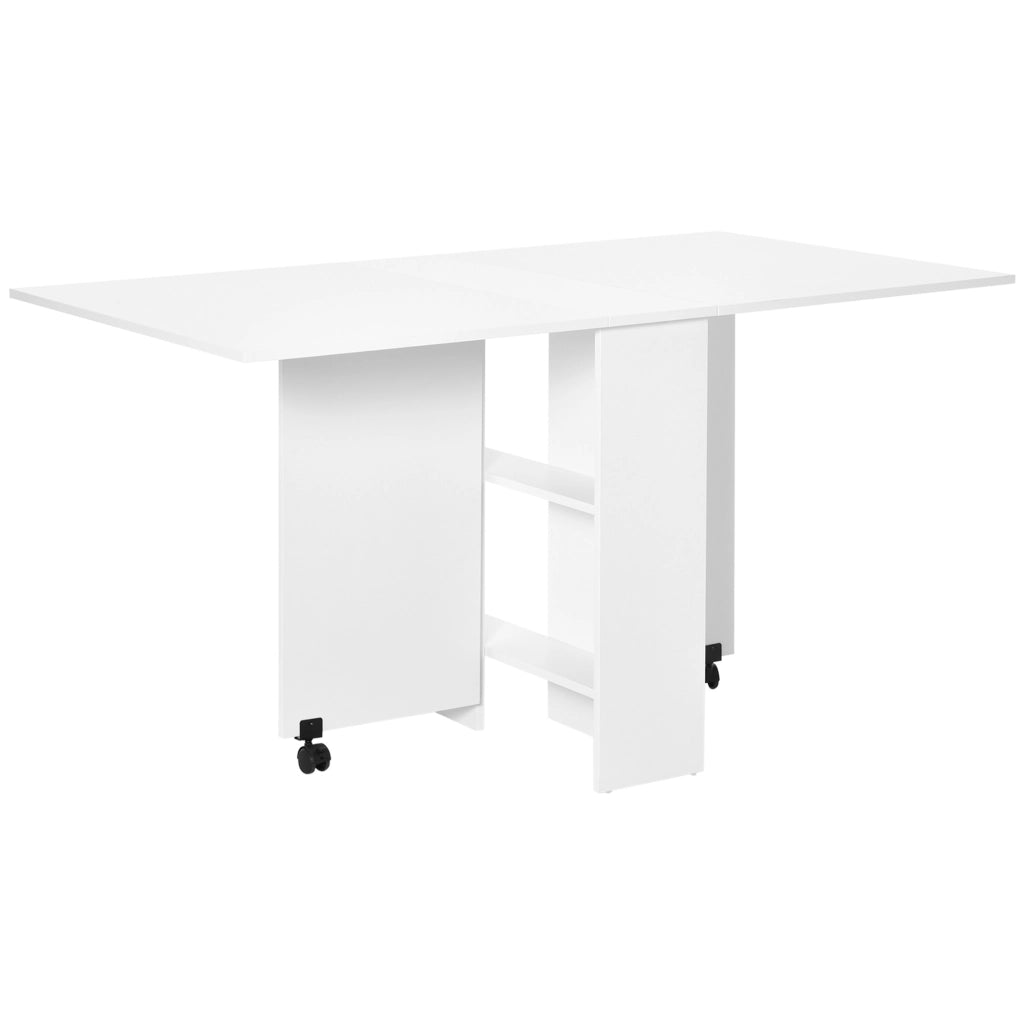 EasyComfort Tavolo Pieghevole Salvaspazio, 2 Ripiani Inferiori in Legno, Tavolo Richiudibile Salvaspazio, con Ruote per 6 Persone, 75P x 140l x 74H cm, Bianco