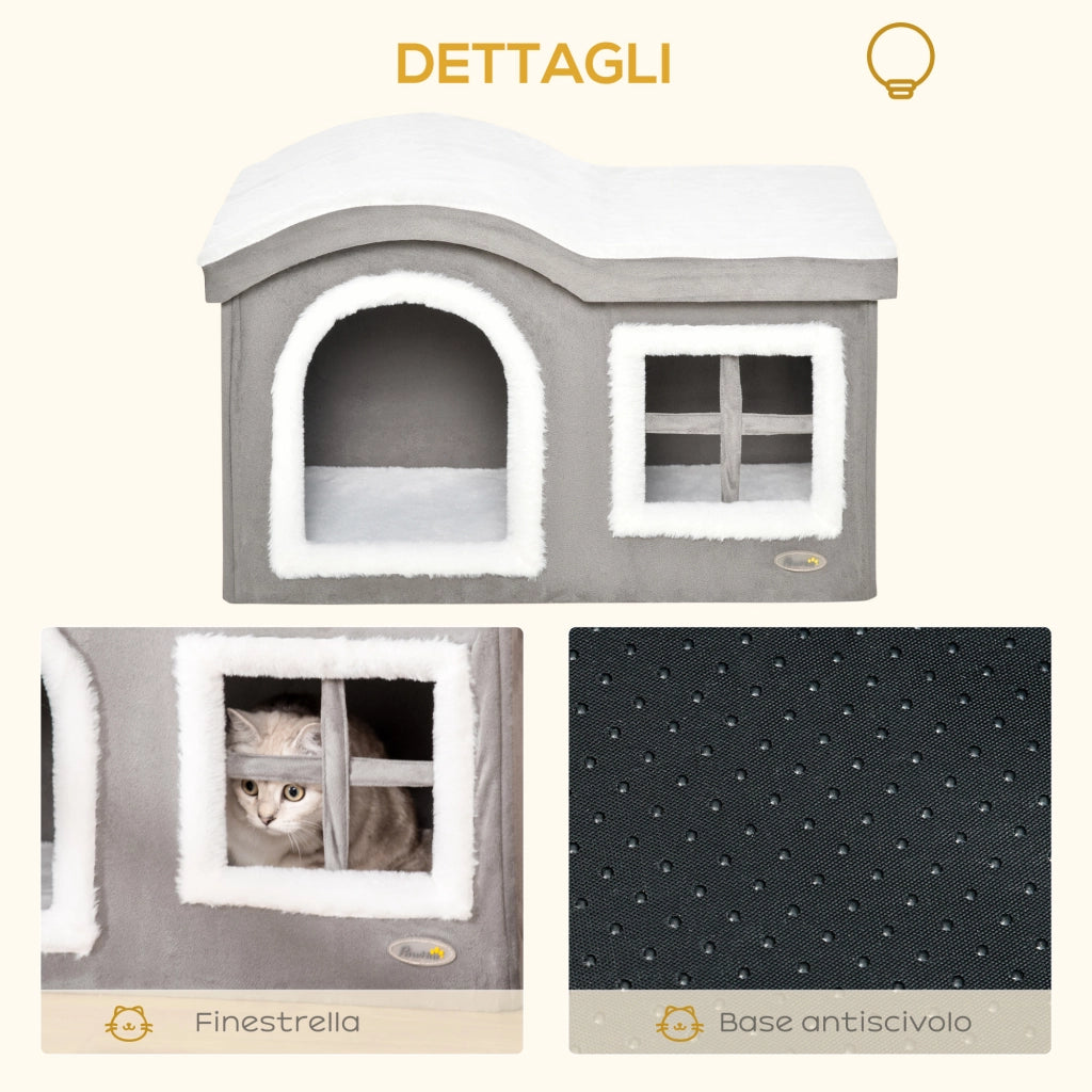 Casetta per Gatti da Interno con 2 Entrate e Finestra. Cuscino e Base Antiscivolo. 63.5x37x40cm. Grigio