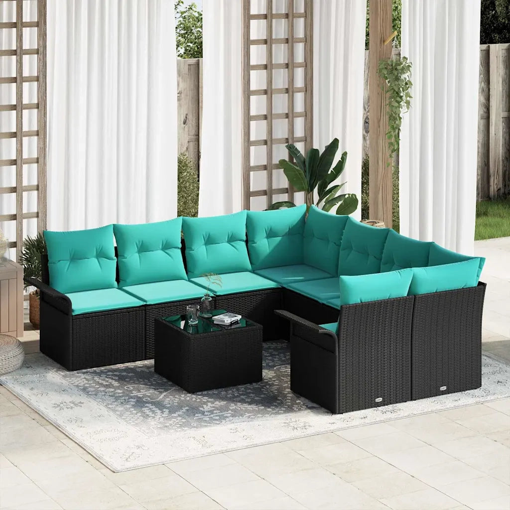 Set Divano da Giardino 9 pcs Nero e Turchese polyrattan 3353975