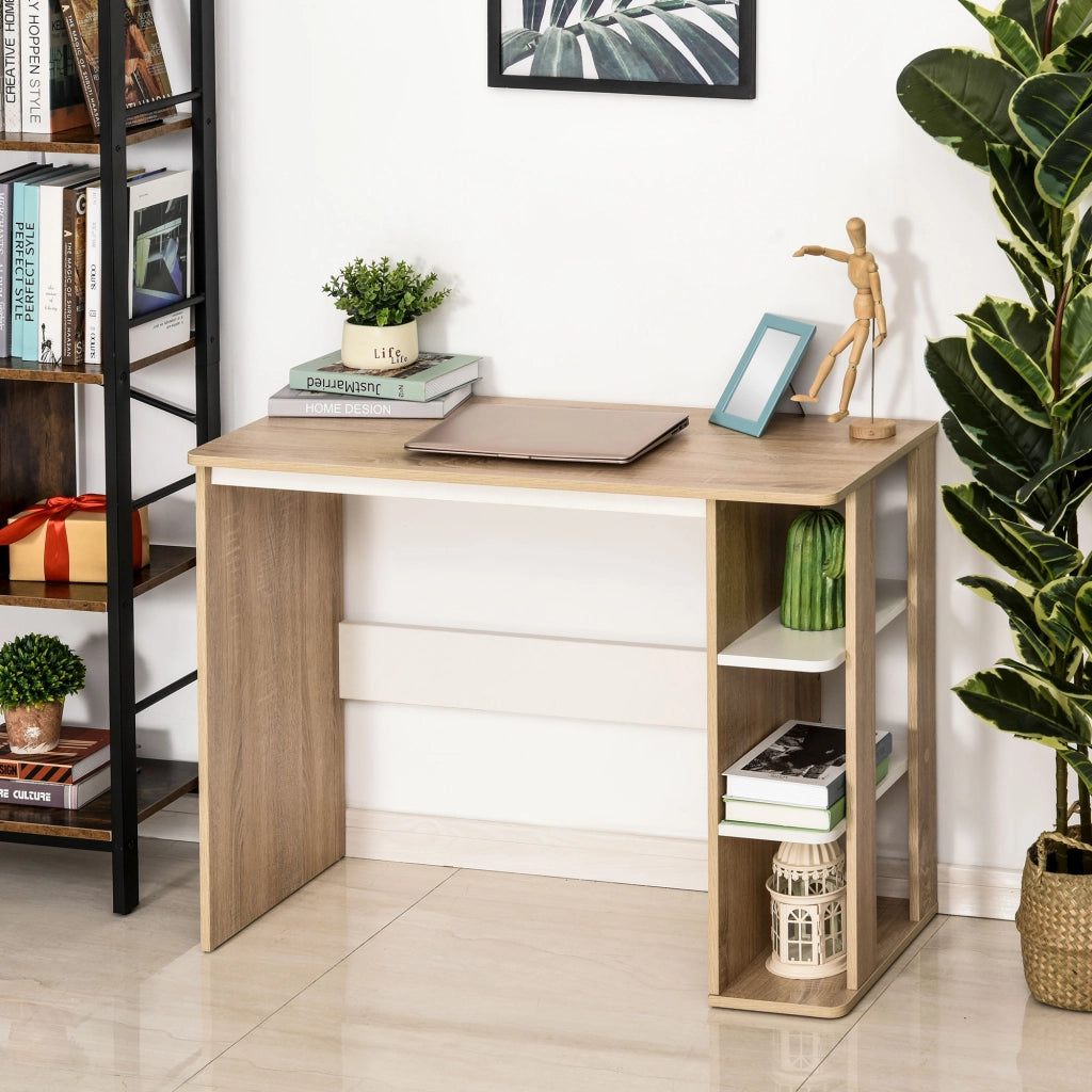 Scrivania Moderna in Legno con Scaffale a 3 Ripiani, 100x44x74cm, Bianco e Quercia