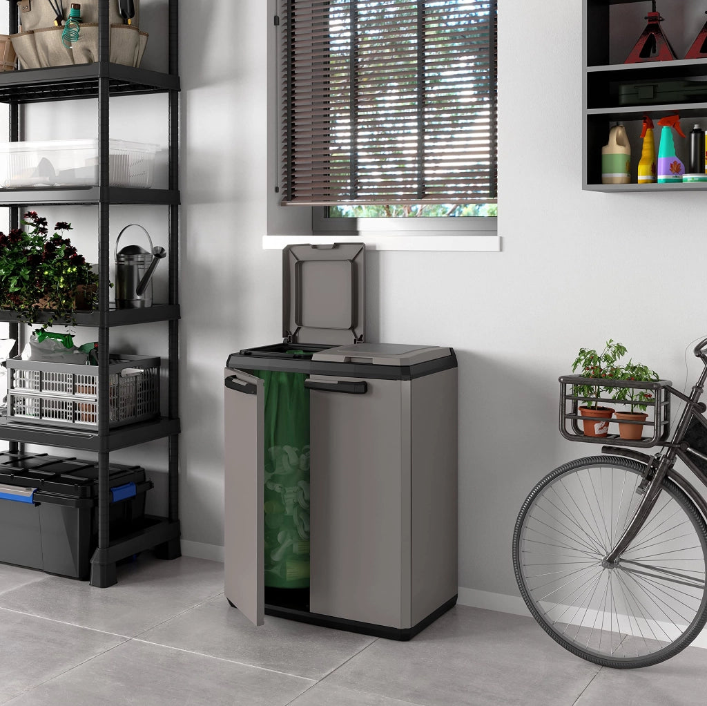 Armadietto Raccolta Differenziata in Resina con 2 Scomparti e Coperchi Superiori Colore Grigio e Nero Split Recycling Keter