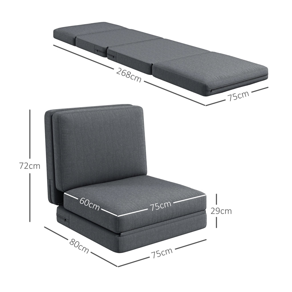 Divano letto 3 in 1 pieghevole in poliestere effetto velluto con cuscini imbottiti grigio scuro senza montaggio