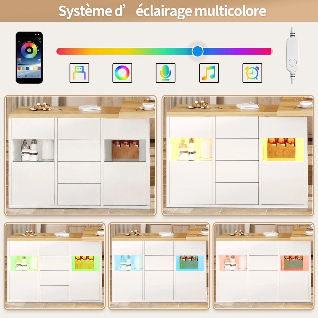 Credenza da cucina girevole a 360°; con 4 cassetti e porte in vetro; LED; per cucina e sala da pranzo