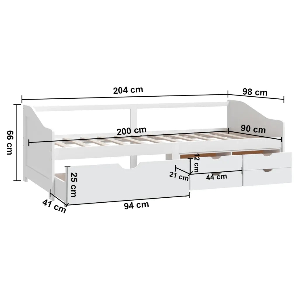 Divano Letto 3 Posti con Cassetti Bianco Pino Massello 90x200cm