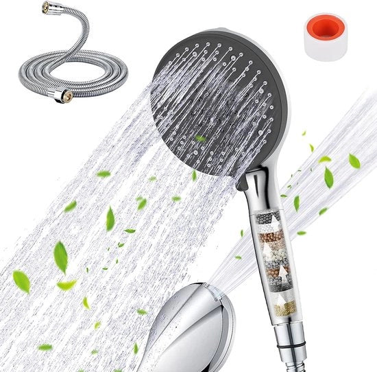 Douchekop con filtro, douchetta ad alta pressione, 15 filtri, 10 tipi di getto, douchekop a risparmio d'acqua con tubo da 1,5 m, douchekop per rimuovere cloro residuo, acqua dura, metalli pesanti