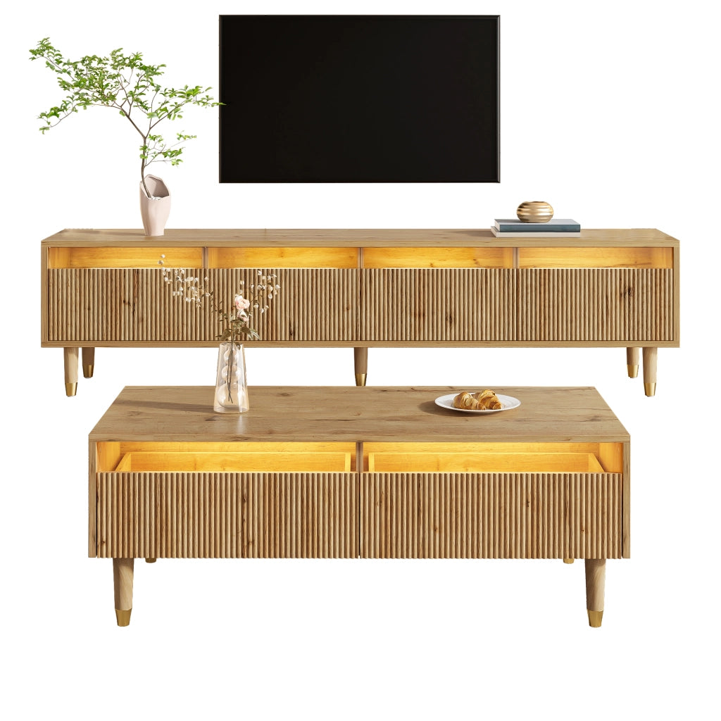 OKWISH Set di 2 Mobili da Soggiorno con Mobile TV e Tavolino con LED, 4 Ante e 2 Cassetti, MDF Legno