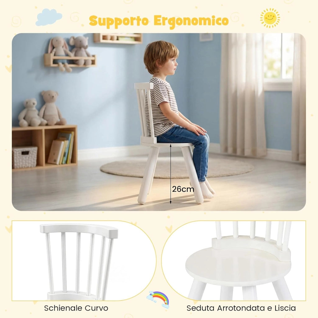 Set Tavolo e 2 Sedie per Bambini, Tavolo Attività con Schienali a Spindola Curvi, Sedute Rotonde e Gambe in Legno Massello, Tavolino per Bambini 3+ Anni per Disegno, Gioco e Studio (Bianco)