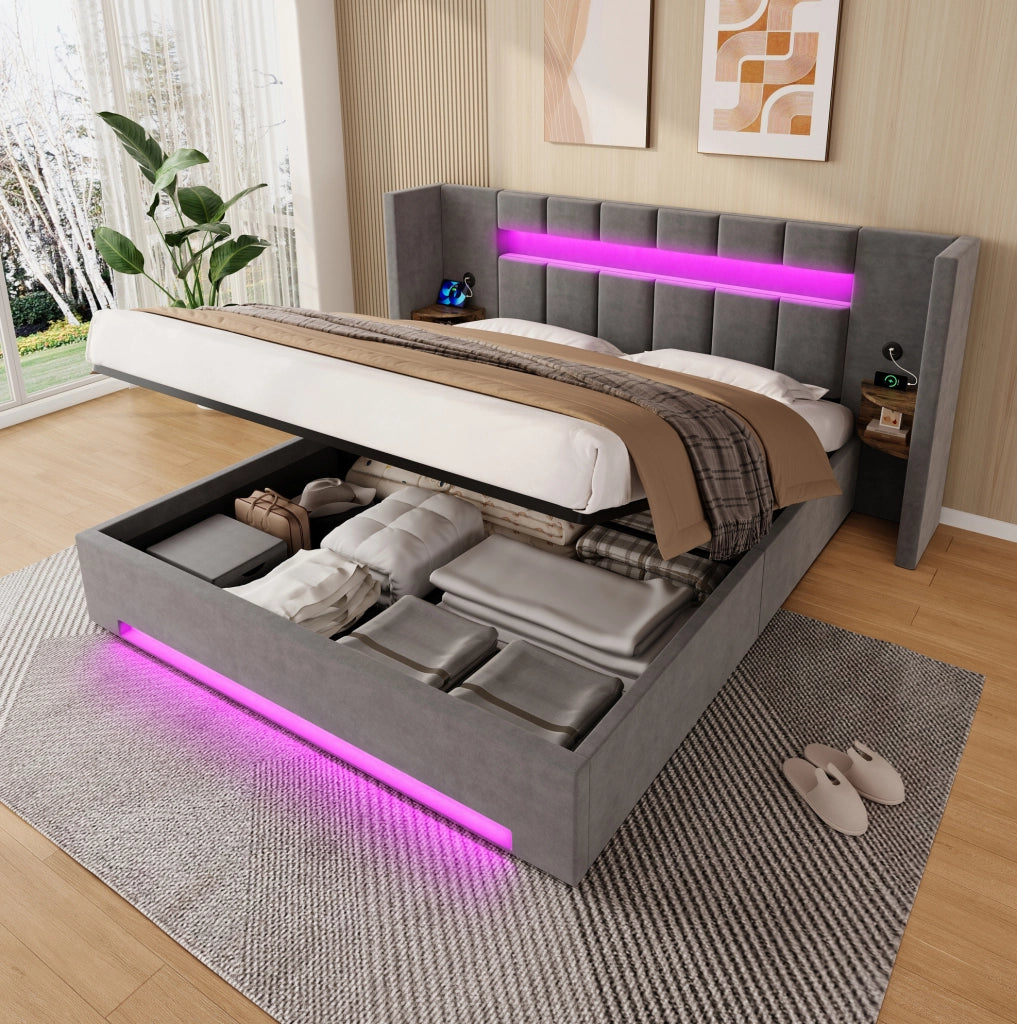 Letto contenitore 180x200 in velluto grigio scuro con LED e USB