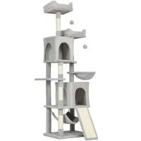 Albero Tiragraffi per Gatti con 2 Casette, 2 Lettini, Trespolo e 2 Palline, 48x40x177 cm, Grigio Chiaro e Beige