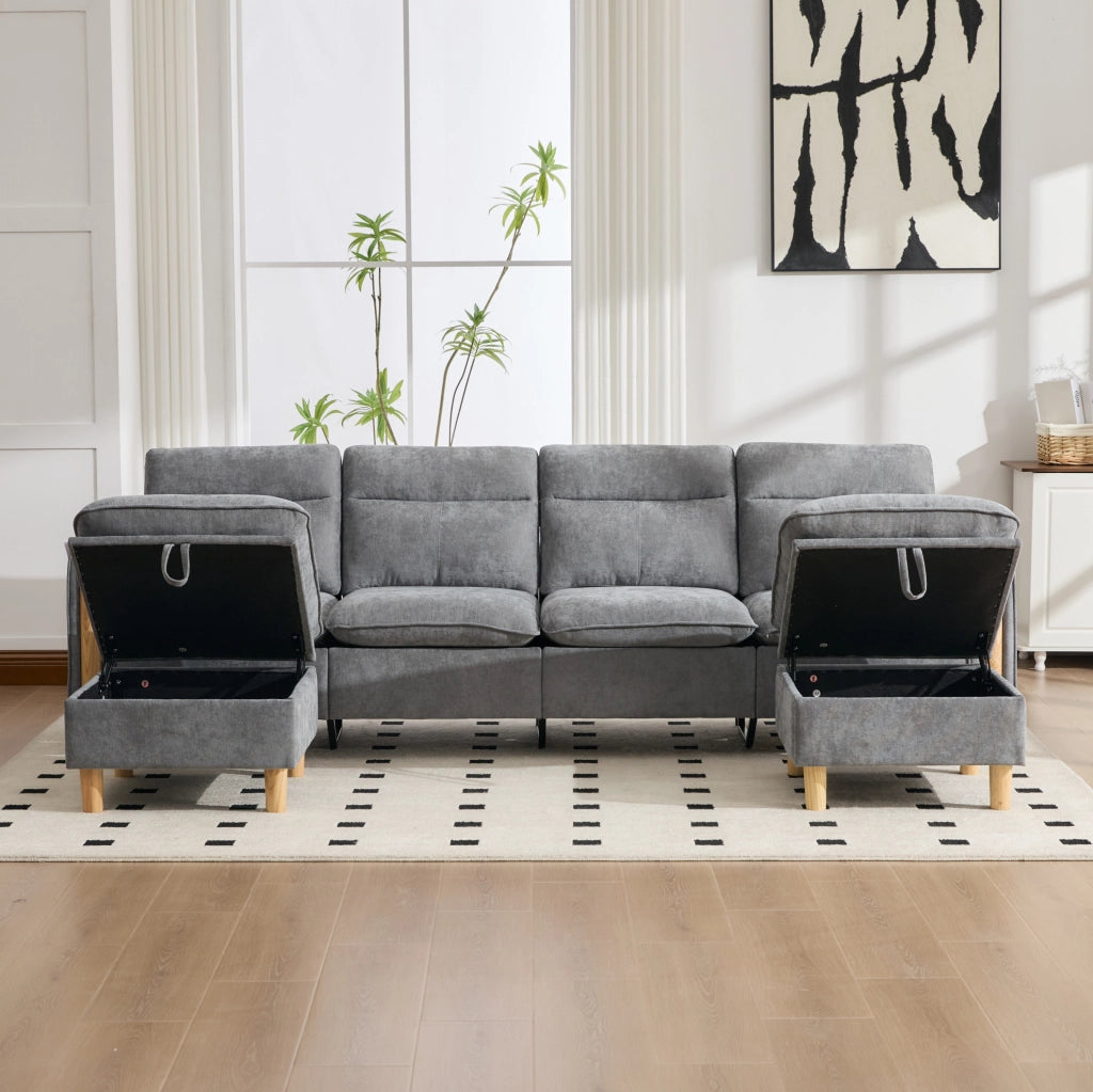 Divano modulare a U 261x77x86 cm in ciniglia grigio chiaro con contenitore –