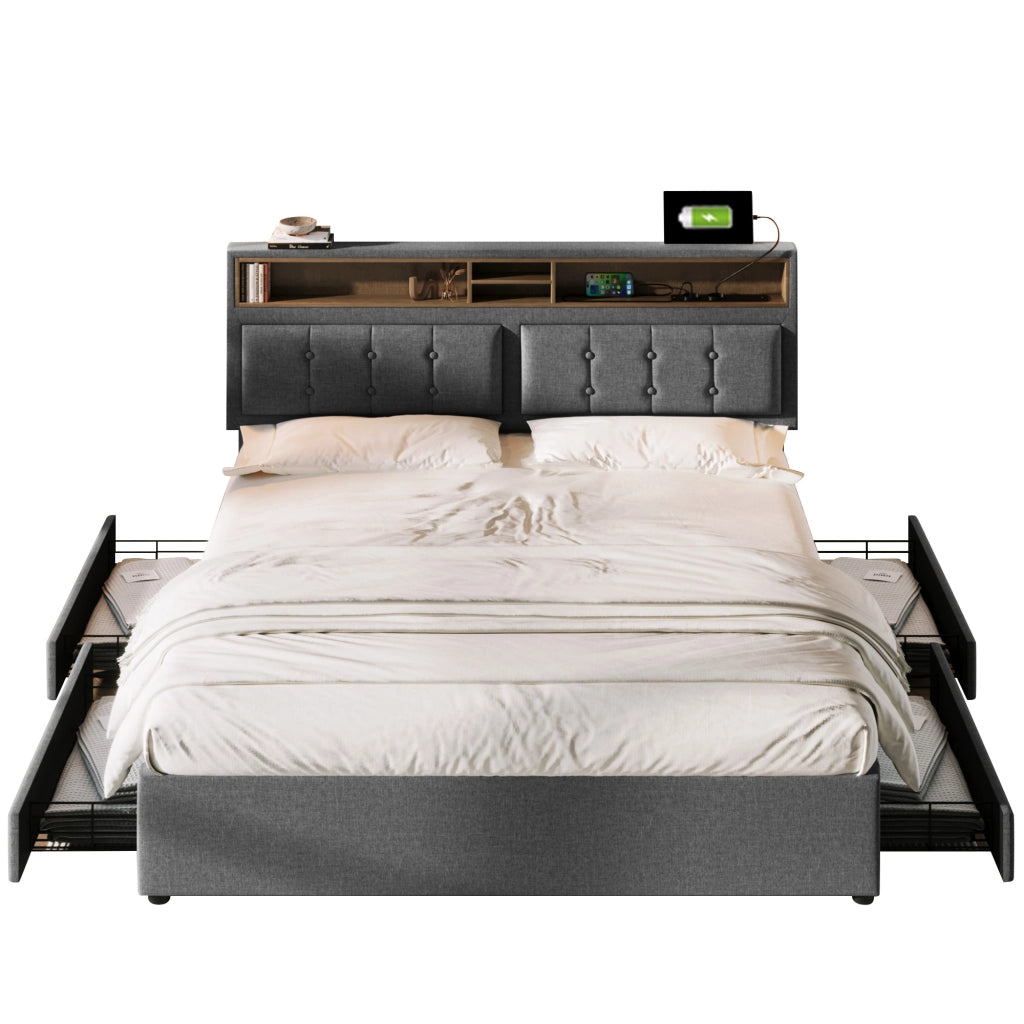 OKWISH Letto con Cassetti Letto Matrimoniale, 4 Cassetti, USB, Tipo C e Prese, 140×200 cm, senza Materasso, in Lino, Grigio