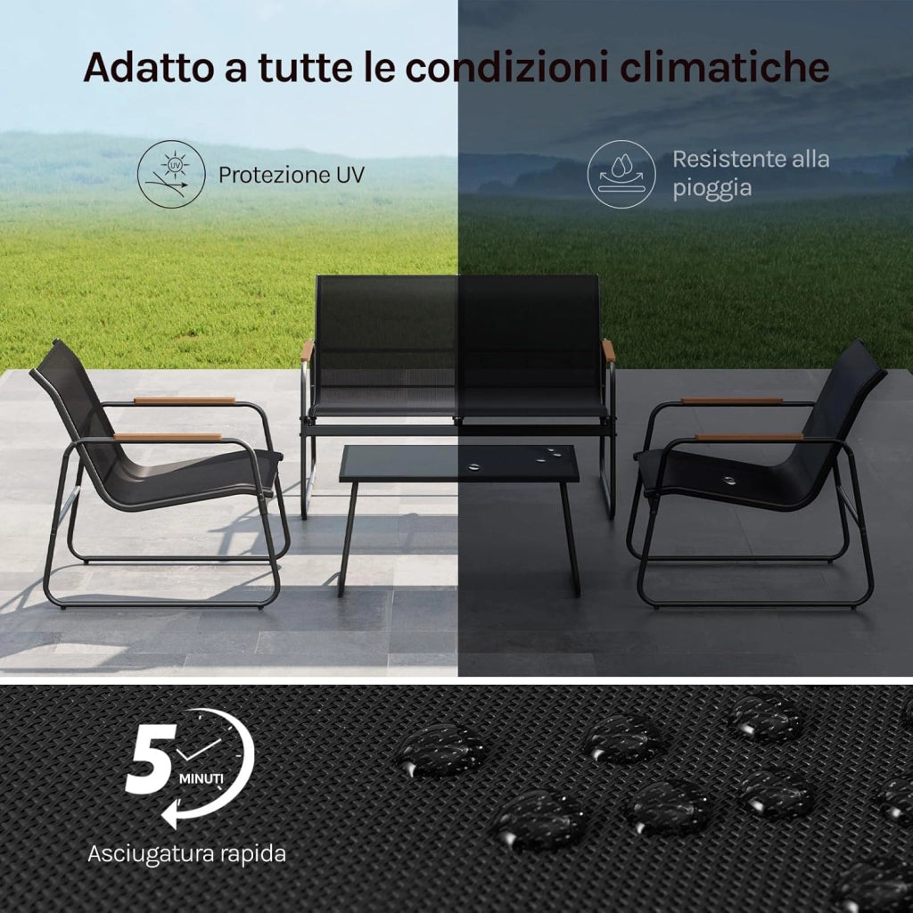Set di Mobili da Esterno 4 Pezzi, Tavolo, Divano e 2 Sedie, Salotto da Giardino Resistente alle Intemperie, Struttura in Metallo, Tessuto Traspirante, per Balcone, Patio, Terrazza, Nero