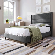 Letto imbottito 90x200 cm con testiera e rete a doghe; tessuto lino grigio