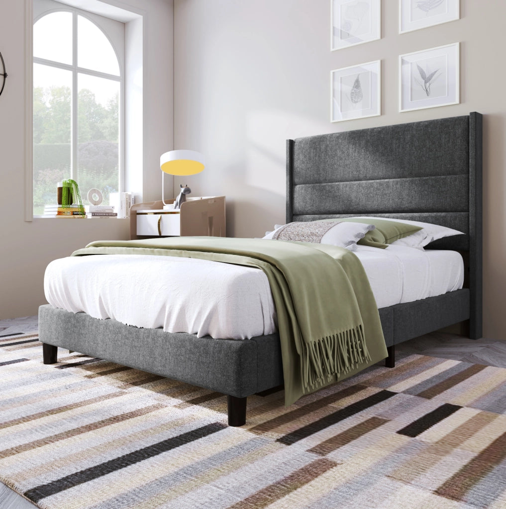 Letto imbottito 90x200 cm con testiera e rete a doghe; tessuto lino grigio