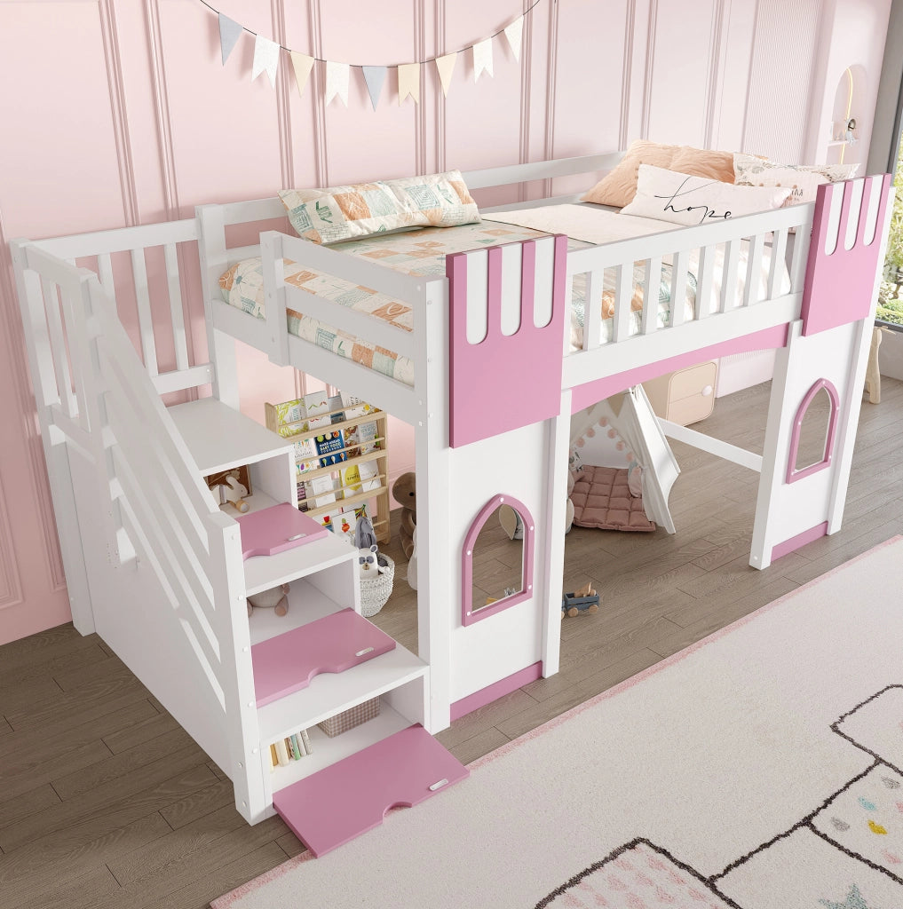 Letto a soppalco 90x200 cm con scala contenitore e finestre in MDF; pino e compensato bianco e rosa