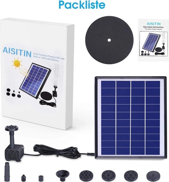 Pompa solare da 6,5W con batteria da 1500mAh e 6 getti - per vasca per uccelli, vasca per pesci, laghetto - decorazione per giardino