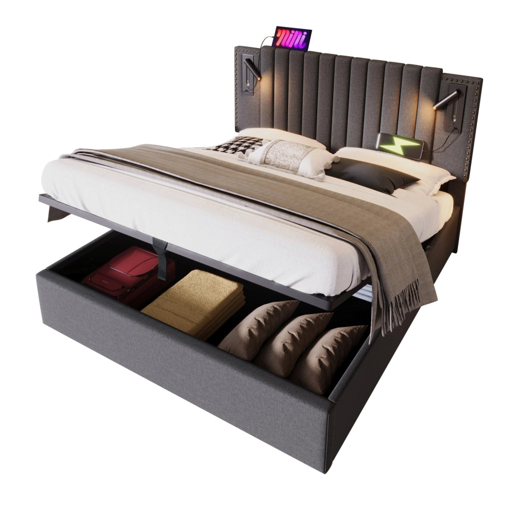 Letto matrimoniale 140x200 cm con contenitore; testiera regolabile; luce da lettura e porte USB; grigio