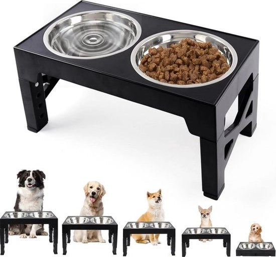 Ciotola per cani elevabile - 5 altezze - inclusa la base in vetroceramica e 2 ciotole in acciaio inox - per cani di tutte le taglie - base in vetroceramica con pavimento in vetroceramica nera.