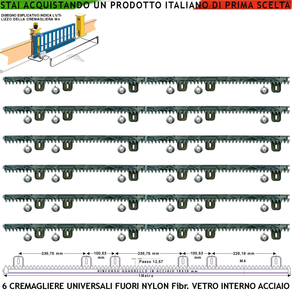 Asta Cremagliera M4 Antiusura Universale 6 Pezzi da 1 Metro in Nylon Antirumore Interno Acciaio Portata Garantita 6 Q.li Max 10 Q.li 6 Bulloni X Metro Ricambio Cancello Scorrevole Giunture a Incastro