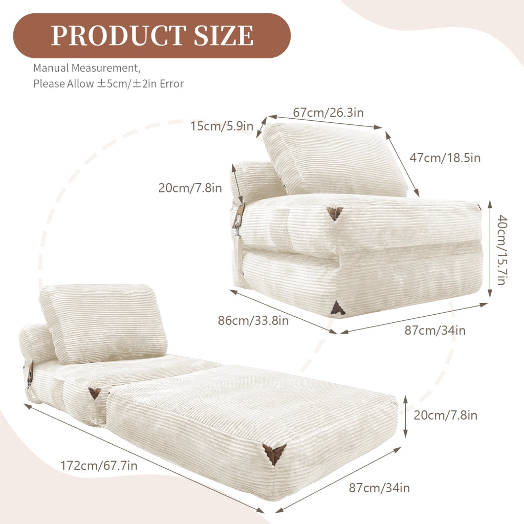 Divano letto singolo pieghevole con supporto avvolgente e design compatto in flanella bianca 52 × 42 × 33 cm