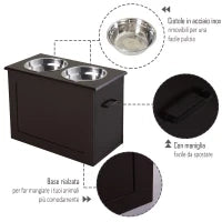 Ciotole Rialzate per Cani Grandi, Supporto Portaciotole in MDF con 2 Ciotole in Acciaio Inox, 60x30x41 cm, Marrone